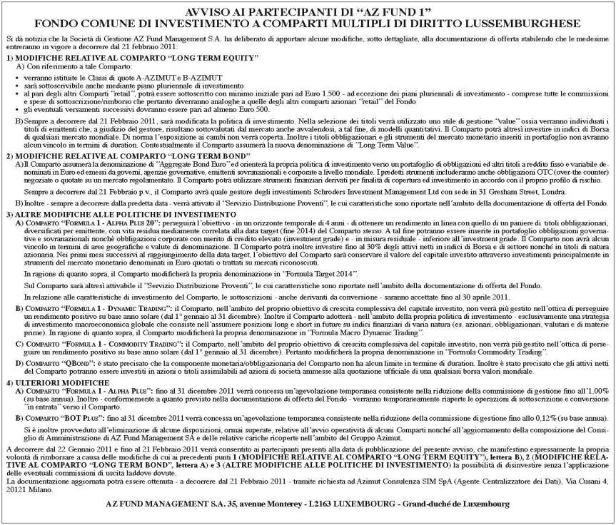 Avviso AZ FUND 1 del 21 gennaio 2011