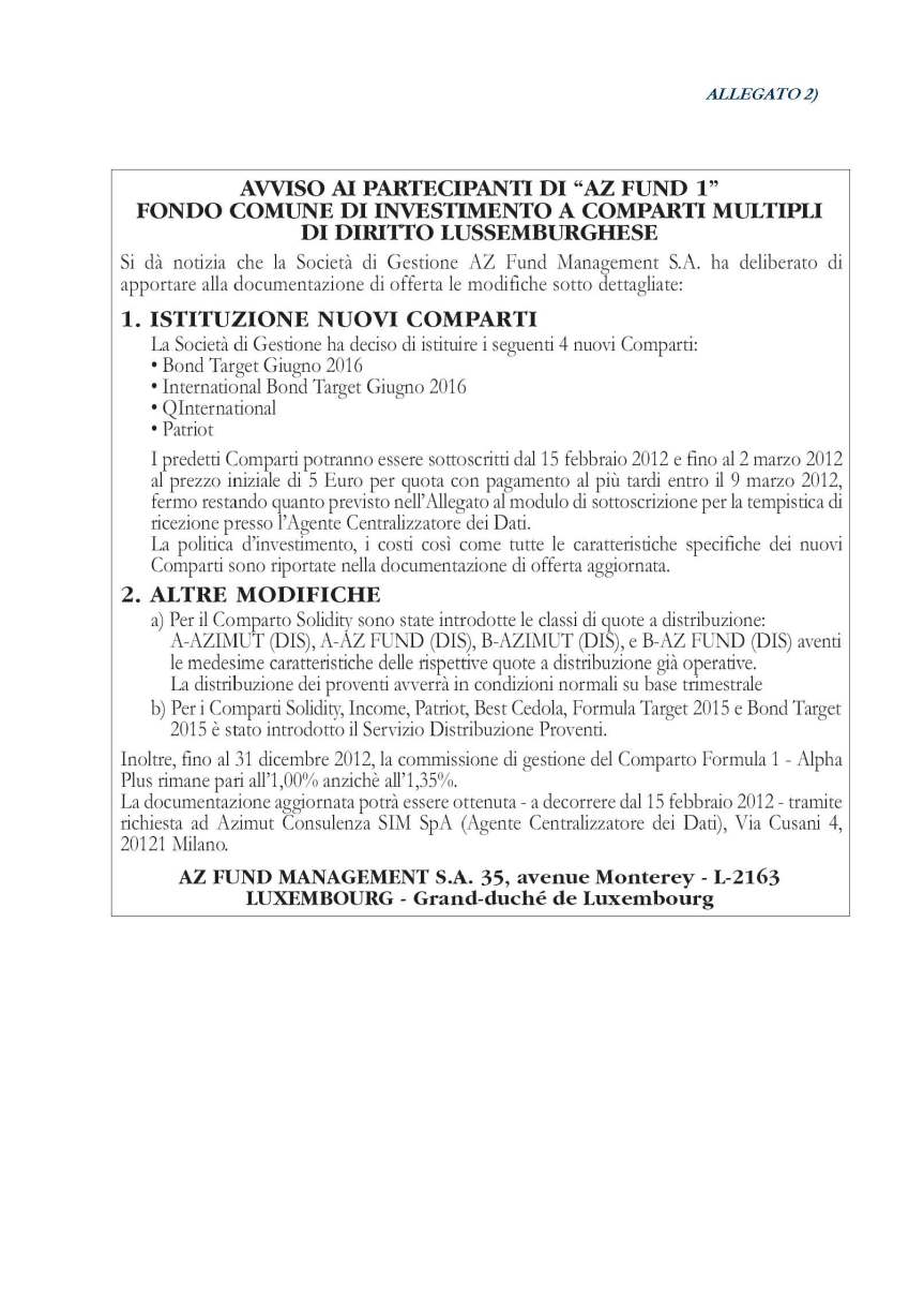 Avviso ai partecipanti di Az Fund 1