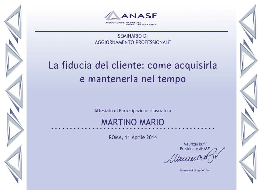 attestato La fiducia del cliente
