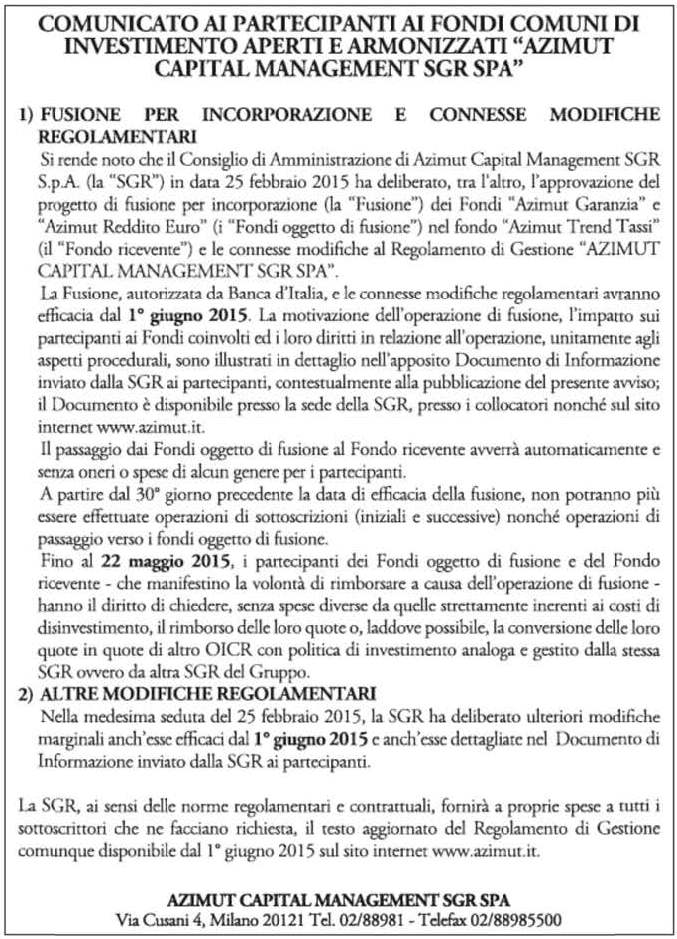 Pagine da 2015 25 Fusione per incorporazione dei fondi italiani Azimut Capital Management sgr spa