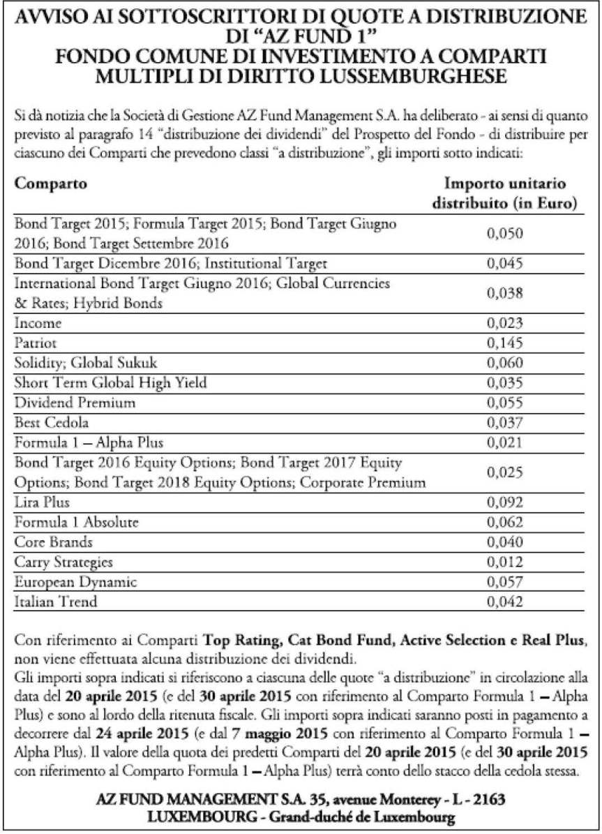 Pagine da 2015 26 Comparti Az Fund 1 - Az Multi Asset - distribuzione dividendi trimestrale
