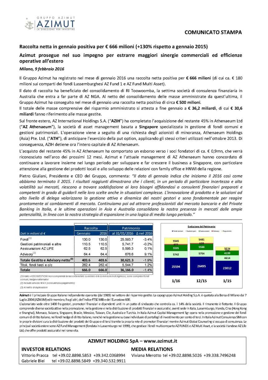 Comunicato stampa raccolta gennaio 2016