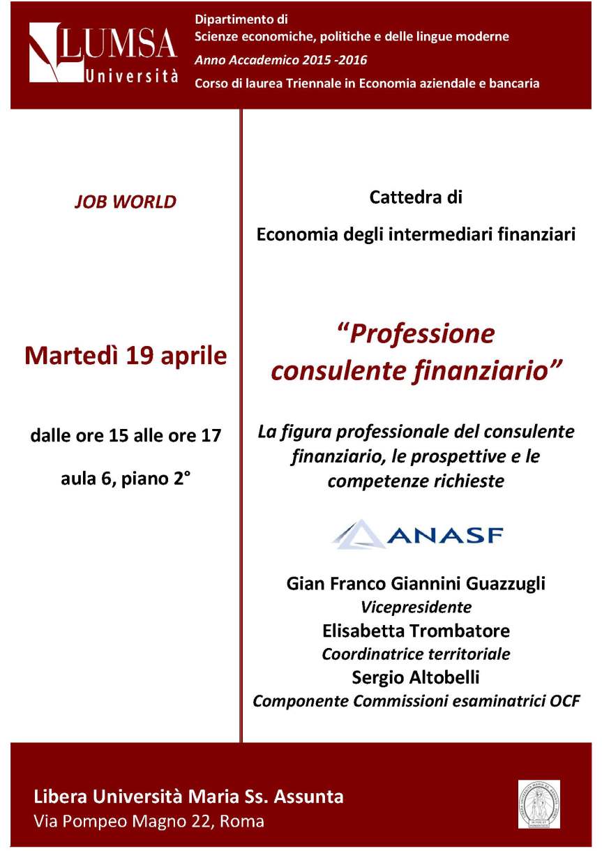 Locandina Career Day Anasf, LUMSA, Roma, 19 aprile 2016